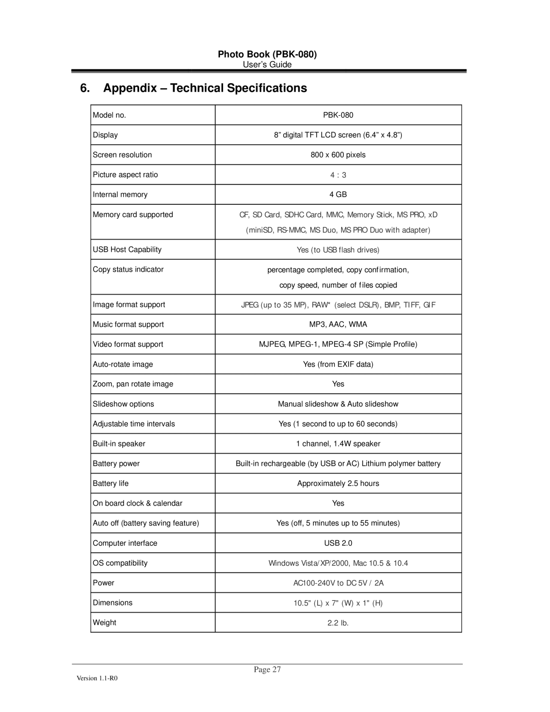 Digital Foci Portable Digital Photo Album manual Appendix Technical Specifications, Yes to USB flash drives 