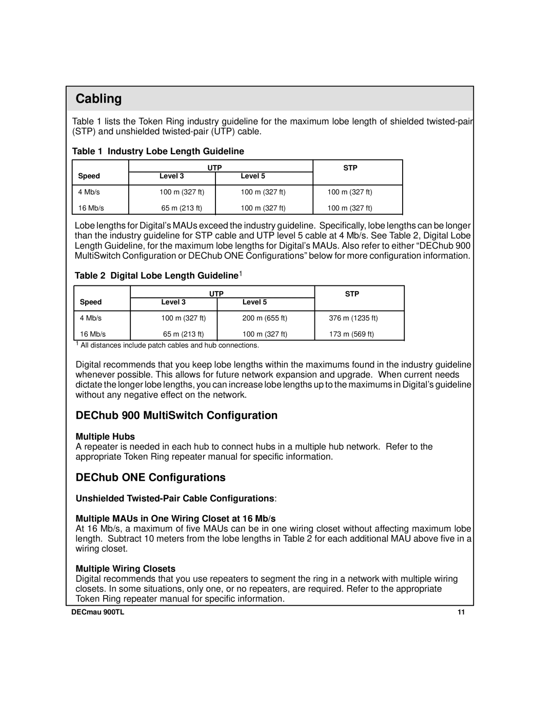 Digital Media 900TL manual Cabling, DEChub 900 MultiSwitch Configuration, DEChub ONE Configurations 