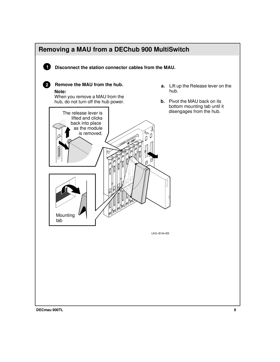 Digital Media 900TL manual Removing a MAU from a DEChub 900 MultiSwitch 