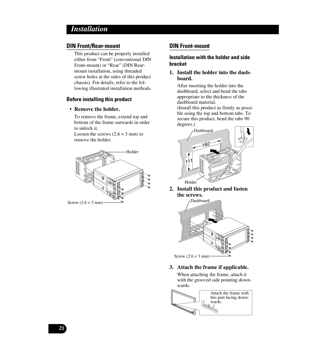 Digital Media AVIC-D1 installation manual DIN Front/Rear-mount, DIN Front-mount 