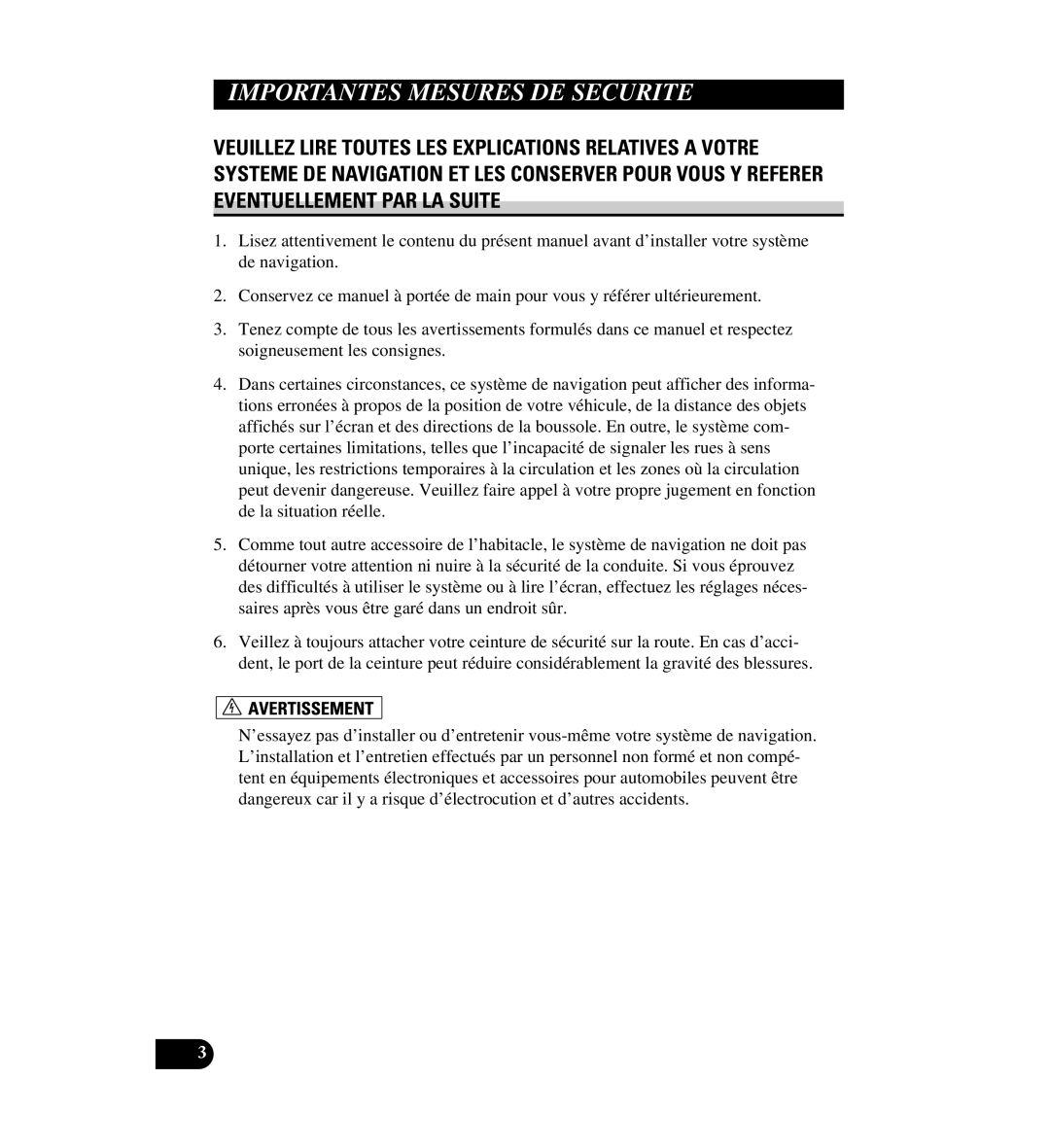 Digital Media AVIC-D1 installation manual Importantes Mesures DE Securite 