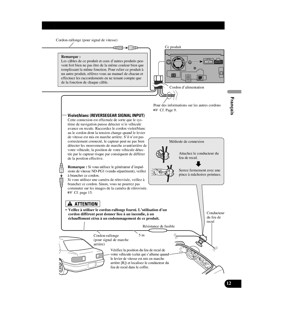 Digital Media AVIC-D1 installation manual Violet/blanc Reversegear Signal Input 