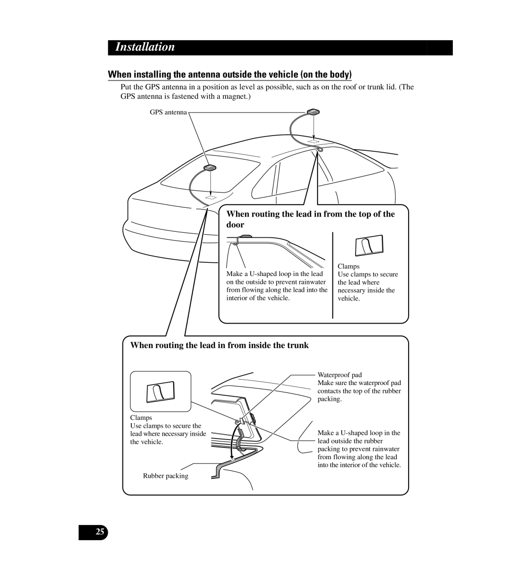 Digital Media AVIC-D1 installation manual When installing the antenna outside the vehicle on the body, Installation 