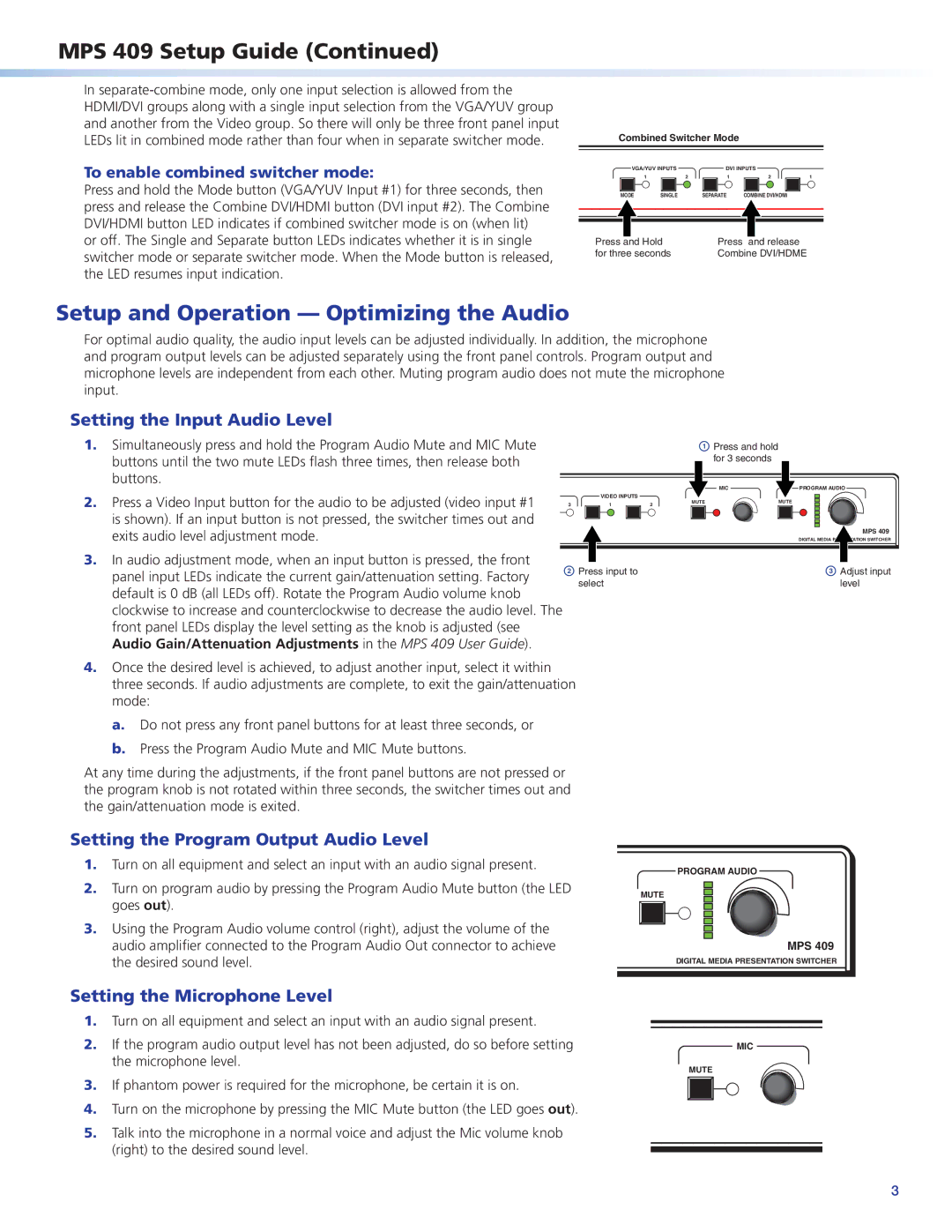 Digital Media MPS409 Setup and Operation Optimizing the Audio, Setting the Input Audio Level, Setting the Microphone Level 