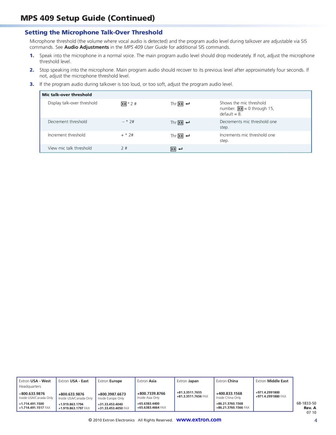 Digital Media MPS409 setup guide Setting the Microphone Talk-Over Threshold, +400.833.1568, 68-1833-50, Rev. a 