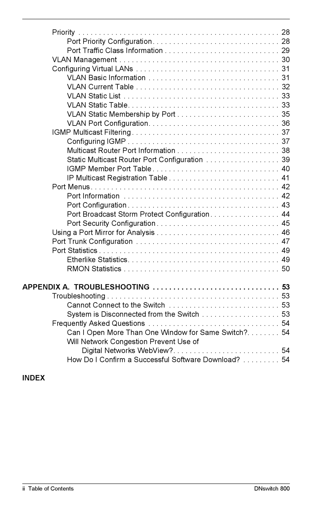 Digital Networks North America DNswitch 800 manual Index 