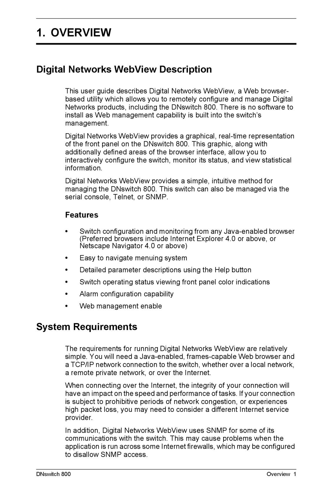 Digital Networks North America DNswitch 800 manual Digital Networks WebView Description, System Requirements, Features 