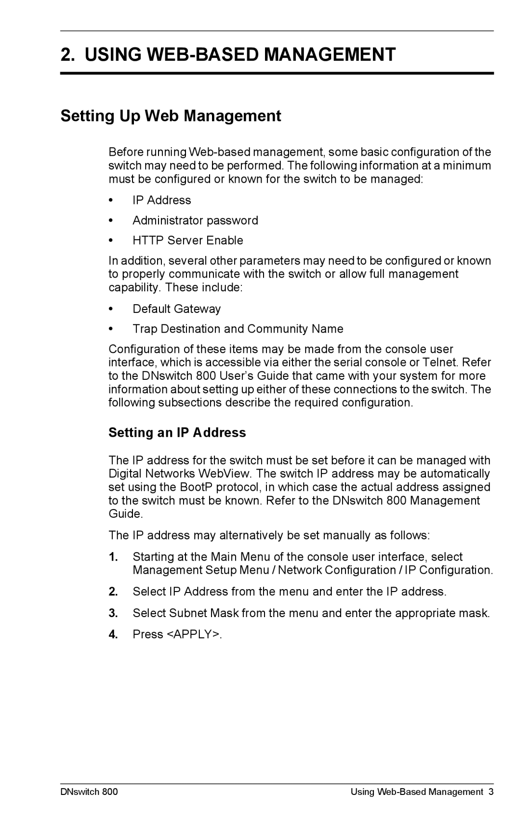 Digital Networks North America DNswitch 800 manual Setting Up Web Management, Setting an IP Address 