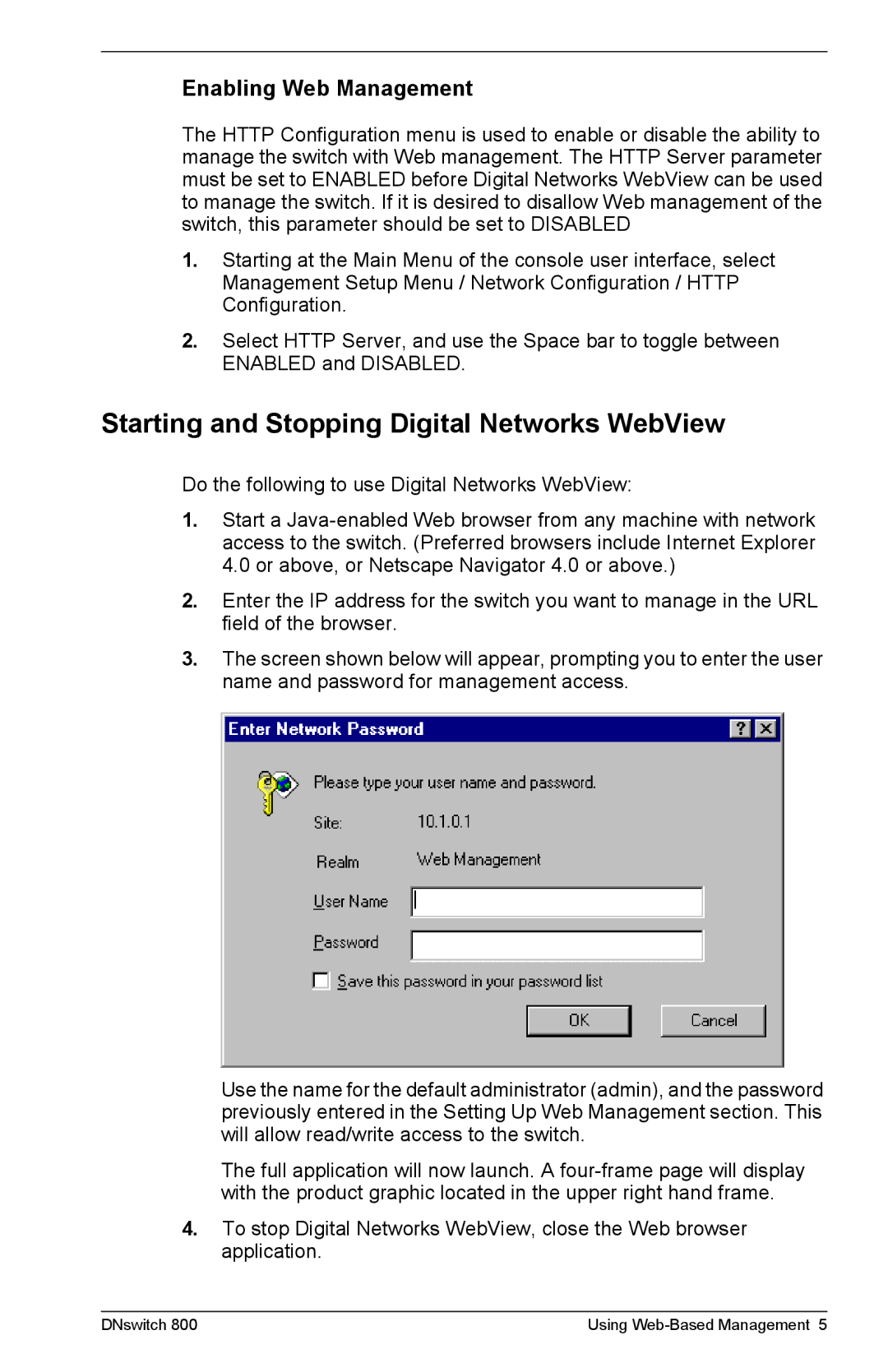 Digital Networks North America DNswitch 800 manual Starting and Stopping Digital Networks WebView, Enabling Web Management 