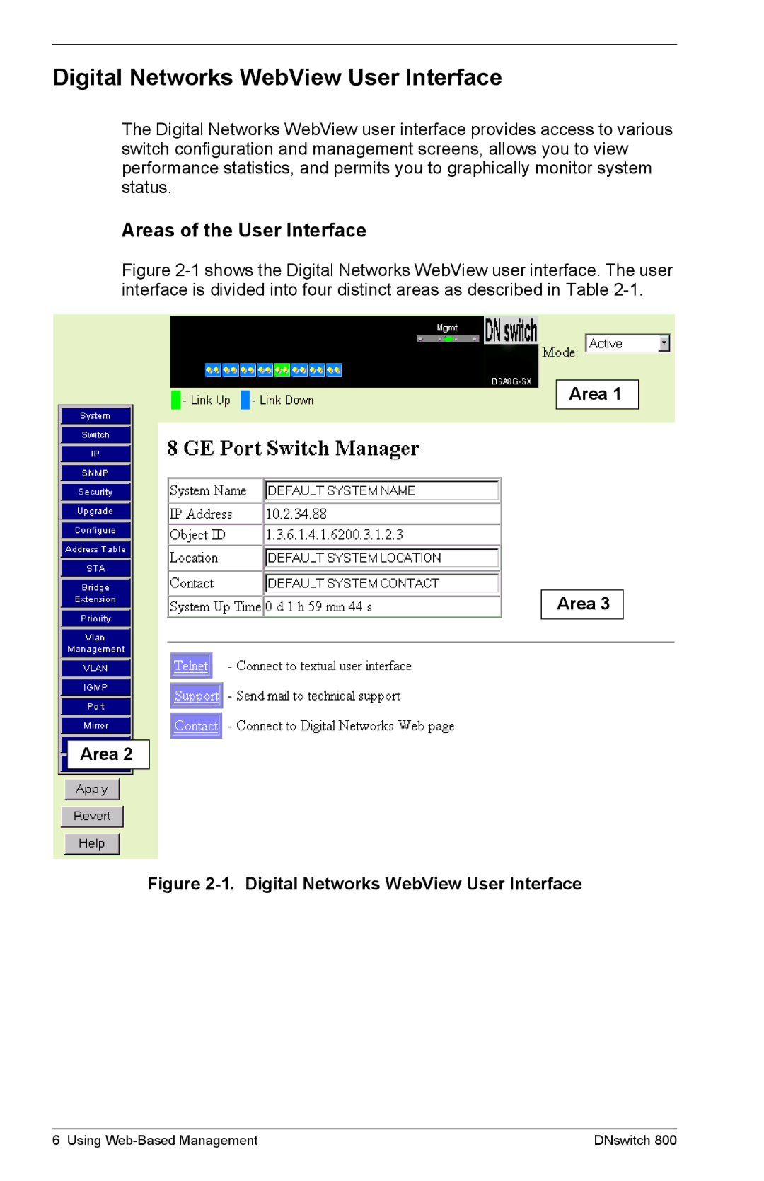 Digital Networks North America DNswitch 800 manual Digital Networks WebView User Interface, Areas of the User Interface 