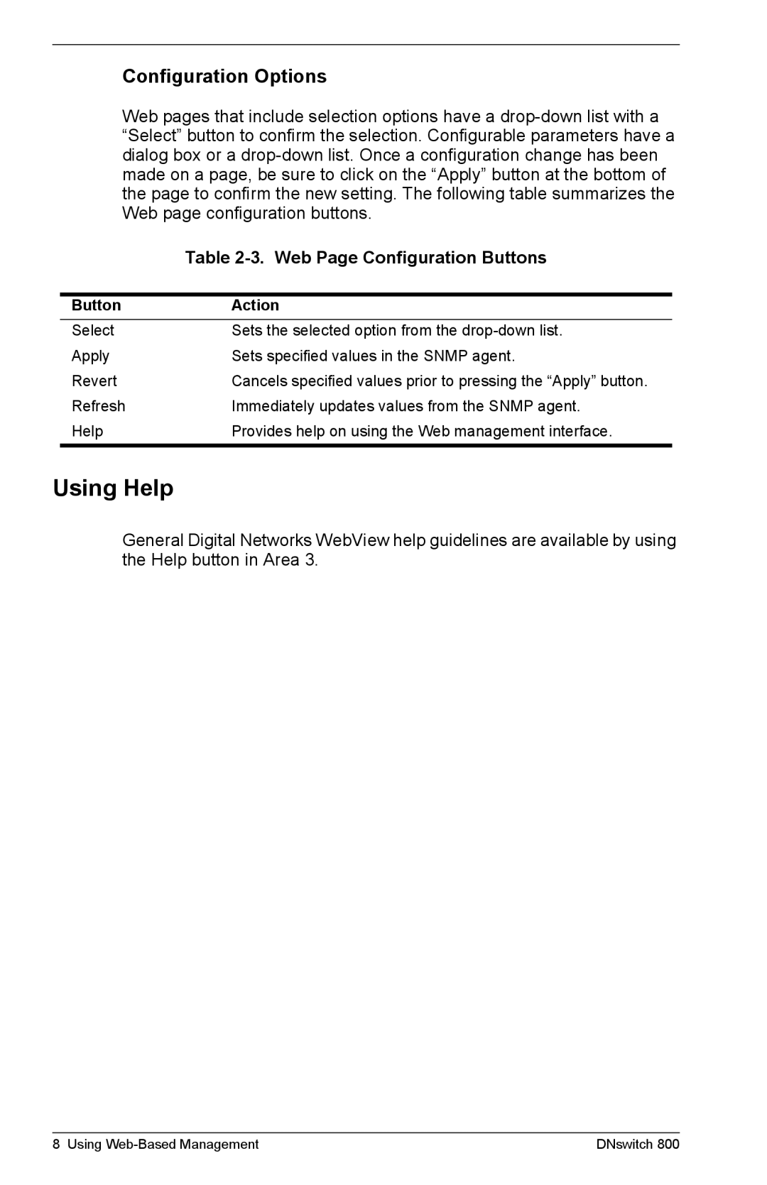 Digital Networks North America DNswitch 800 manual Using Help, Configuration Options 