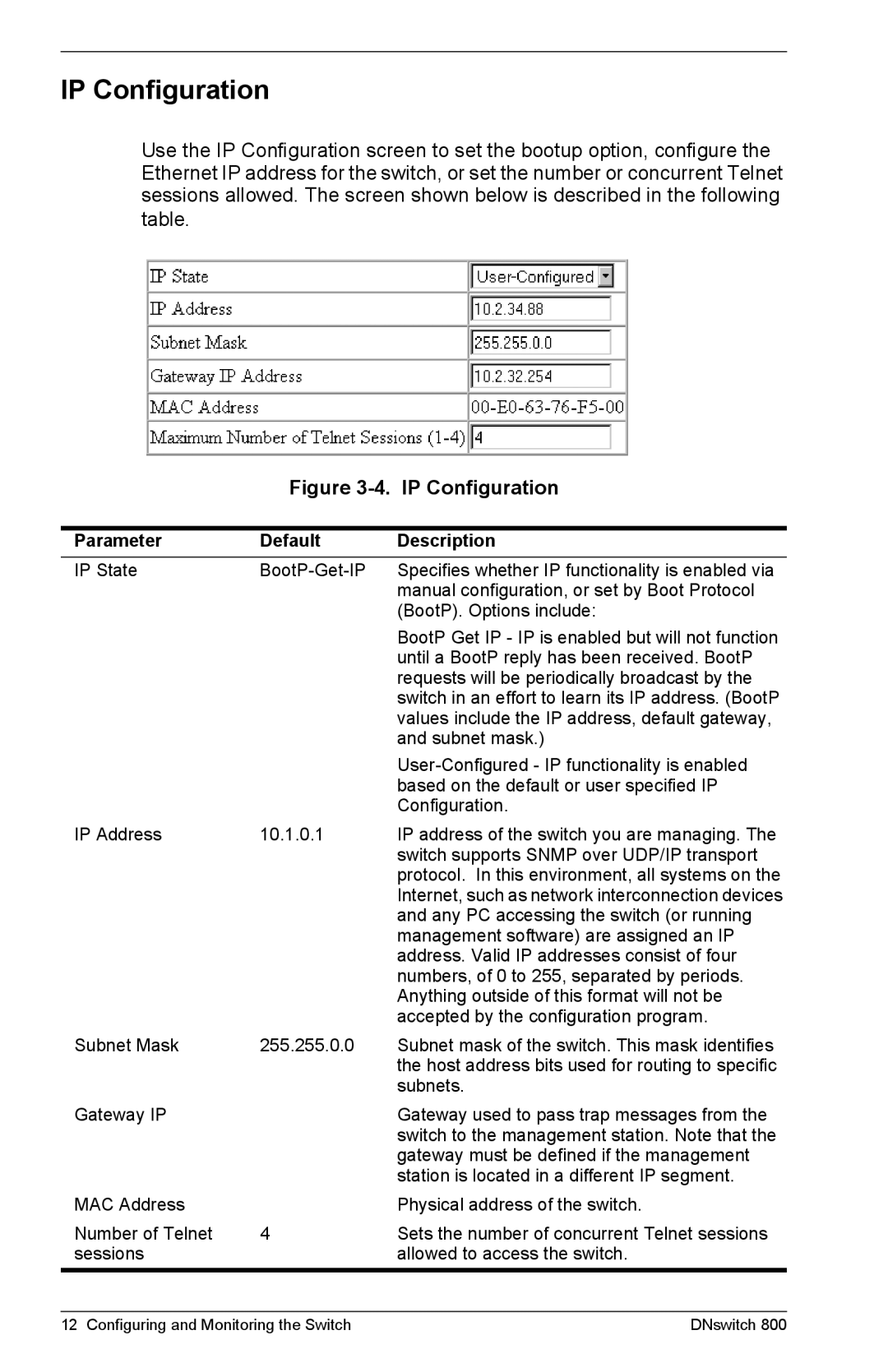 Digital Networks North America DNswitch 800 manual IP Configuration, Parameter Default Description 