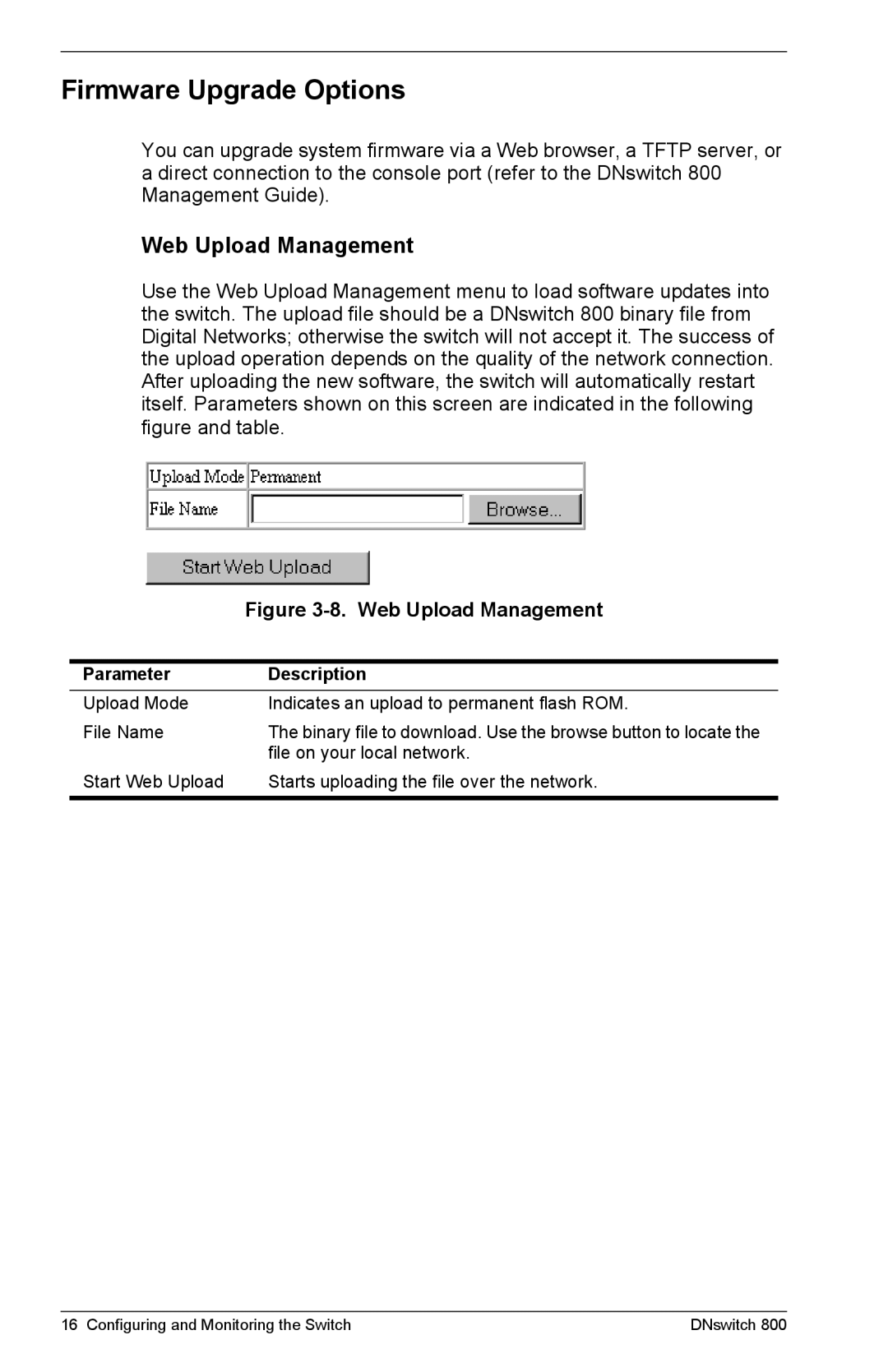 Digital Networks North America DNswitch 800 manual Firmware Upgrade Options, Web Upload Management 