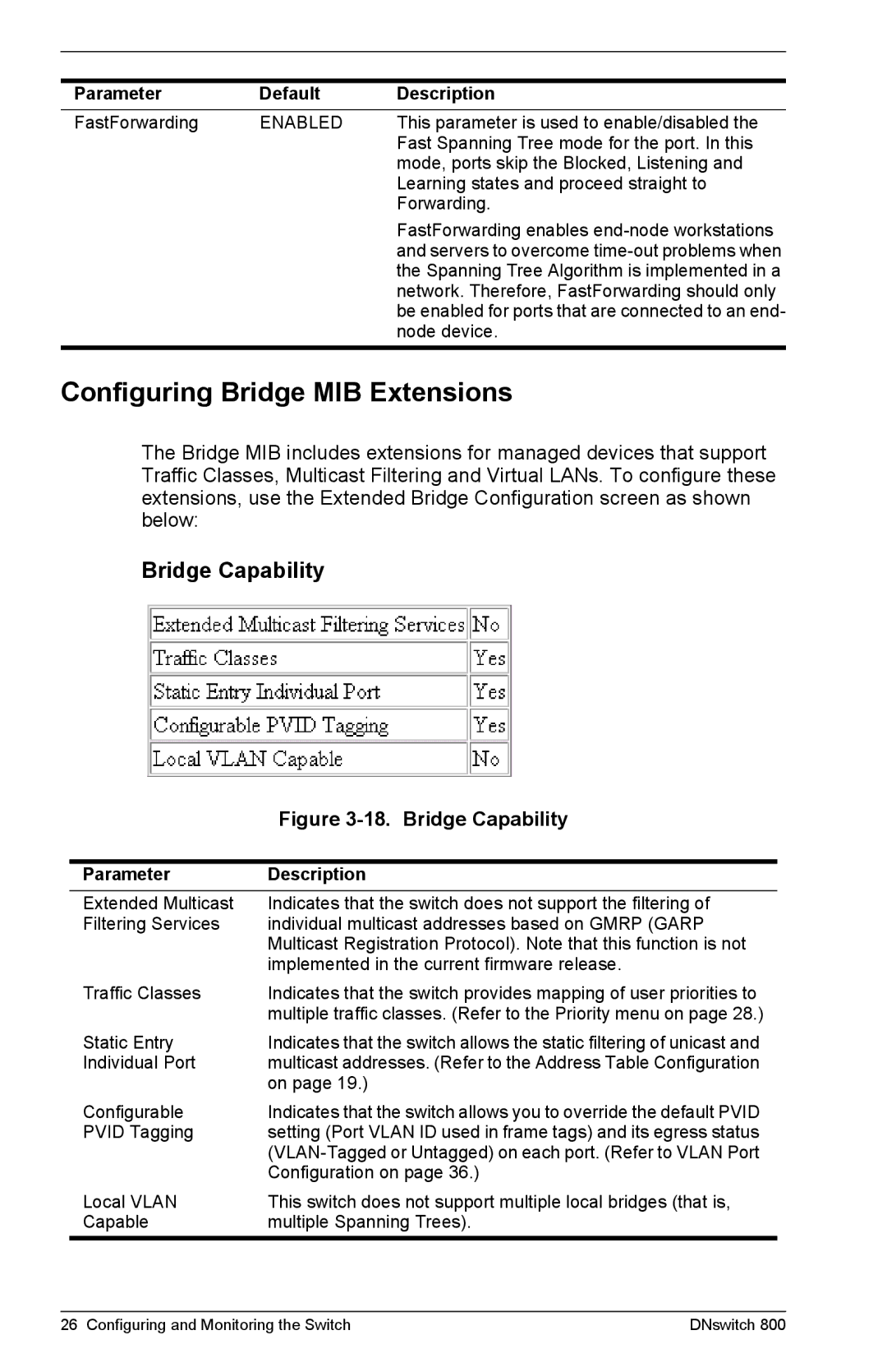 Digital Networks North America DNswitch 800 manual Configuring Bridge MIB Extensions, Bridge Capability 