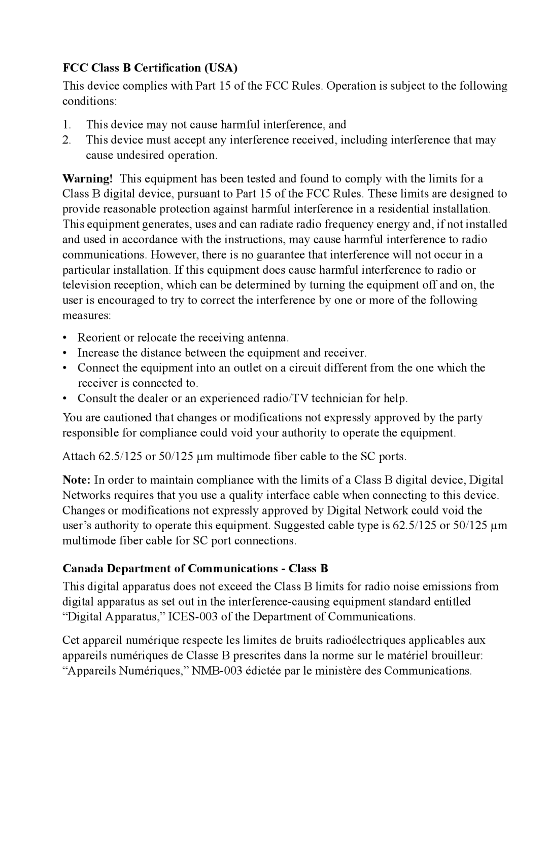 Digital Networks North America DNswitch 800 manual FCC Class B Certification USA 