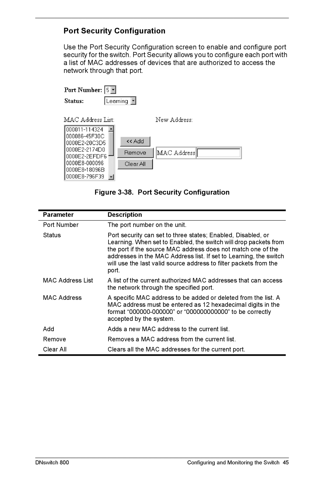 Digital Networks North America DNswitch 800 manual Port Security Configuration 