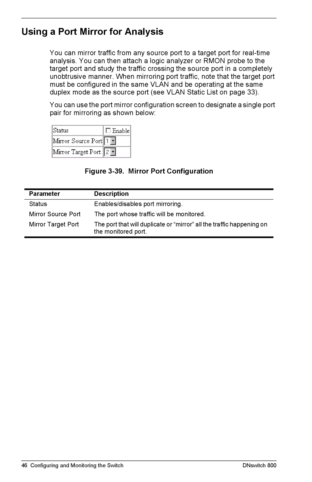 Digital Networks North America DNswitch 800 manual Using a Port Mirror for Analysis, Mirror Port Configuration 