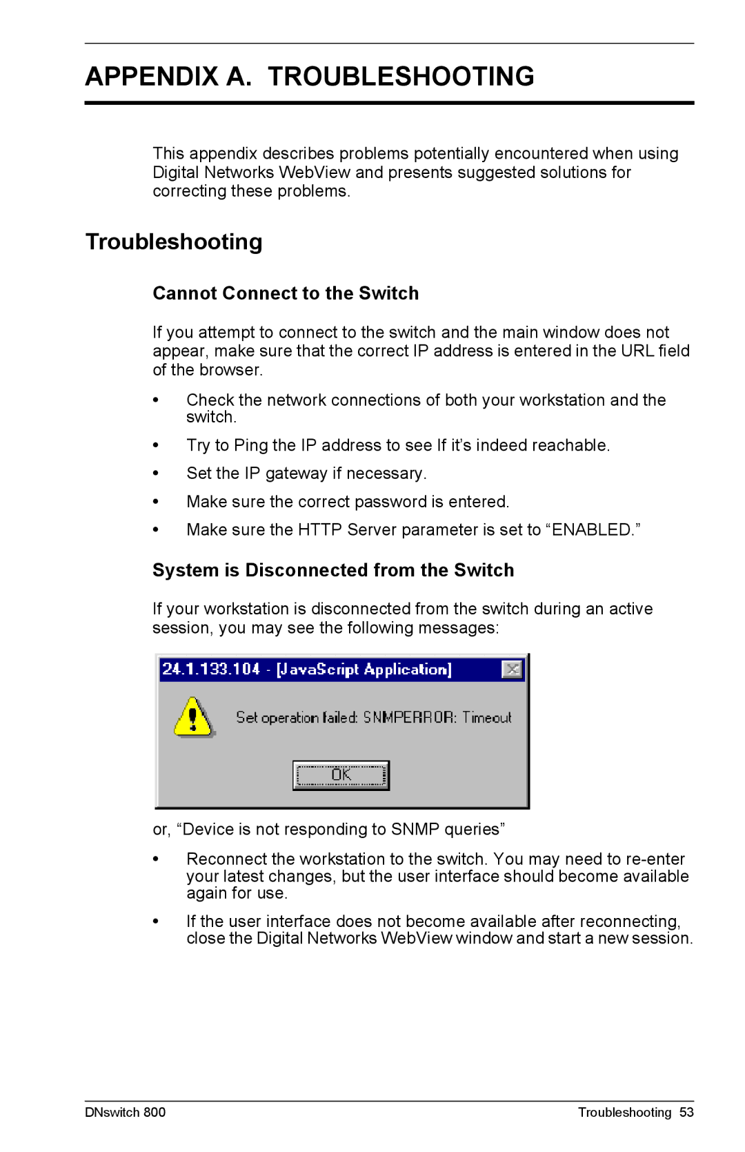 Digital Networks North America DNswitch 800 manual Troubleshooting, Cannot Connect to the Switch 