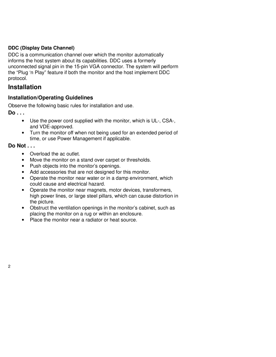 Digital Networks North America PCXBV-Ux manual Installation/Operating Guidelines, Do Not, DDC Display Data Channel 