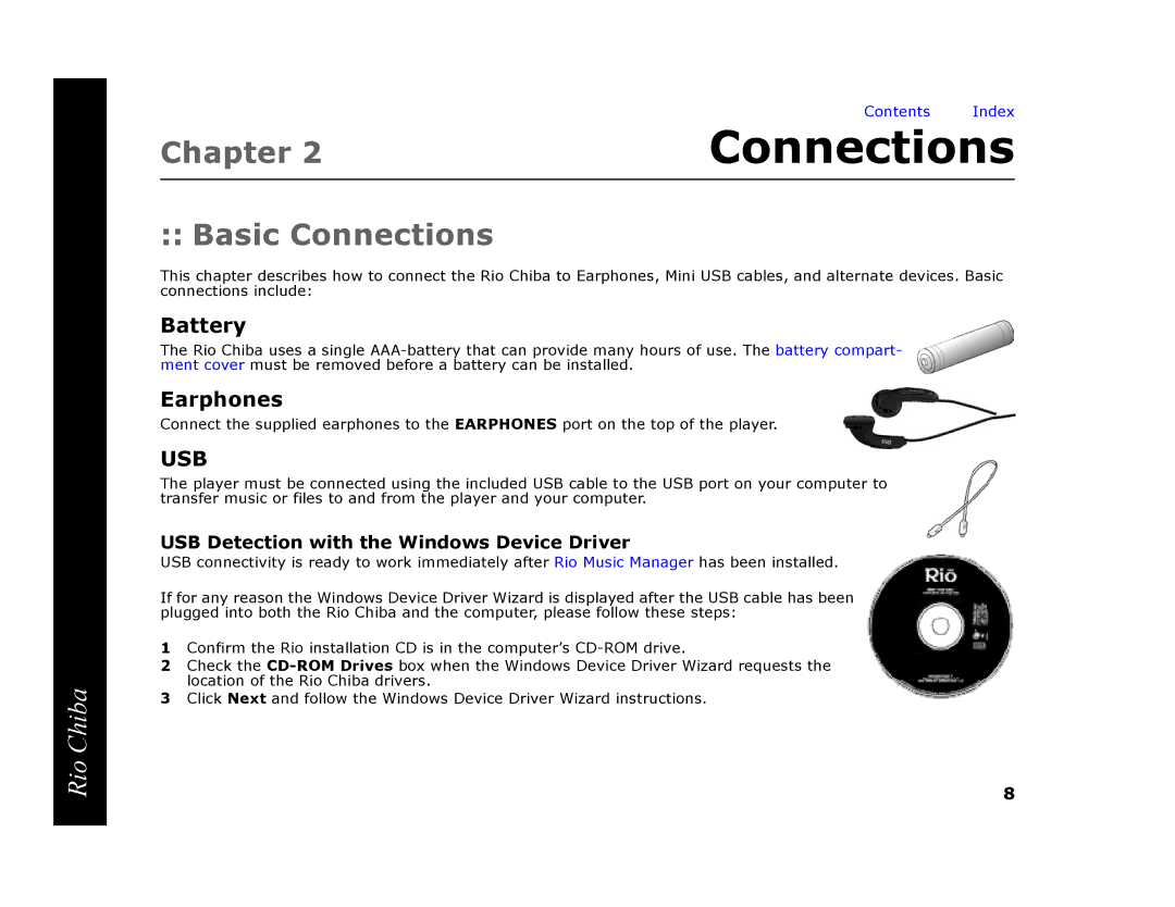 Digital Networks North America Rio Chiba manual Basic Connections, Battery, Earphones 