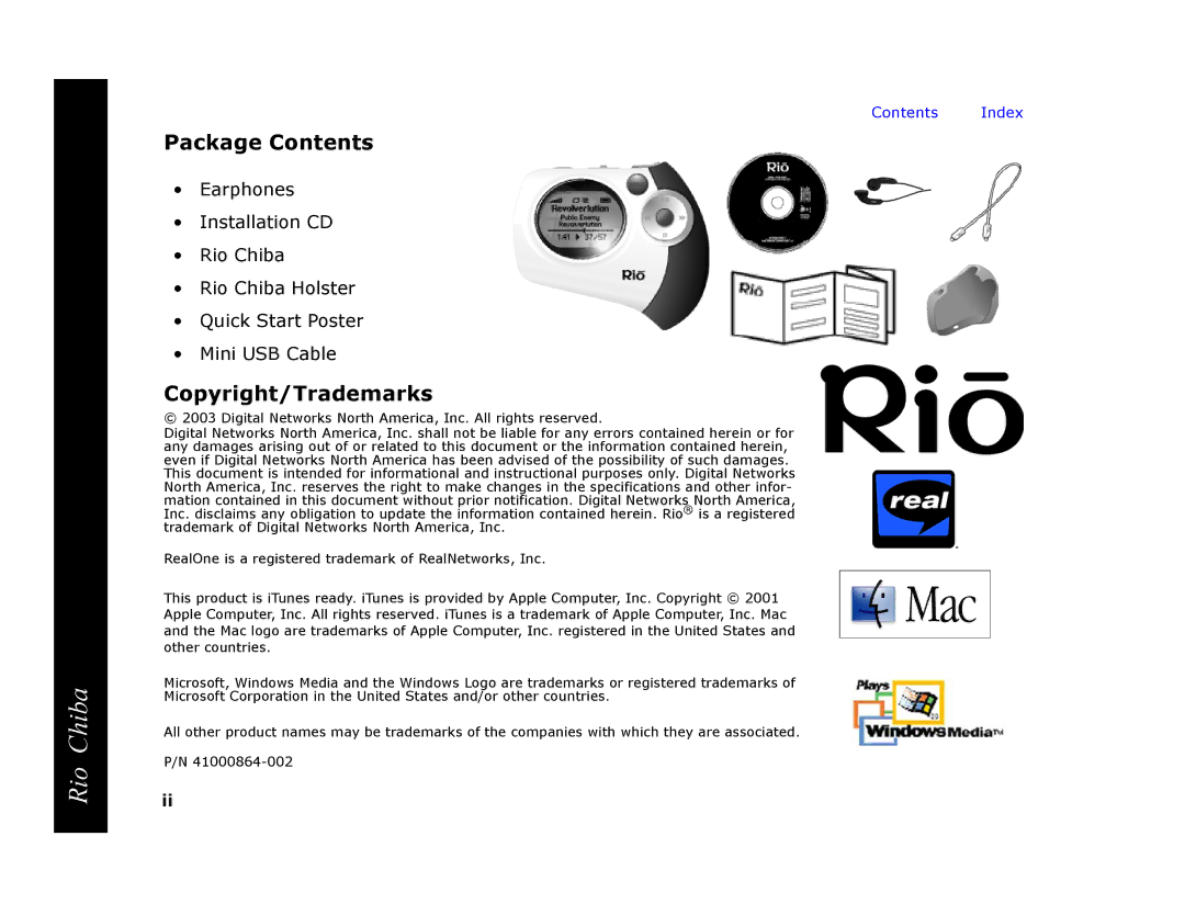 Digital Networks North America Rio Chiba manual Package Contents, Copyright/Trademarks 