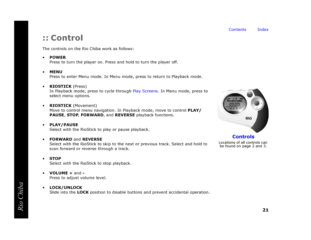 Digital Networks North America Rio Chiba manual Control, Riostick Press, Forward and Reverse, Volume + 