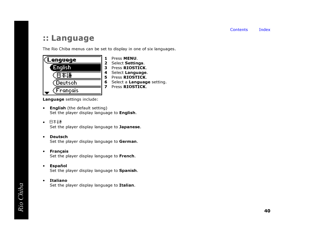 Digital Networks North America Rio Chiba manual Language, Deutsch, Français, Español, Italiano 