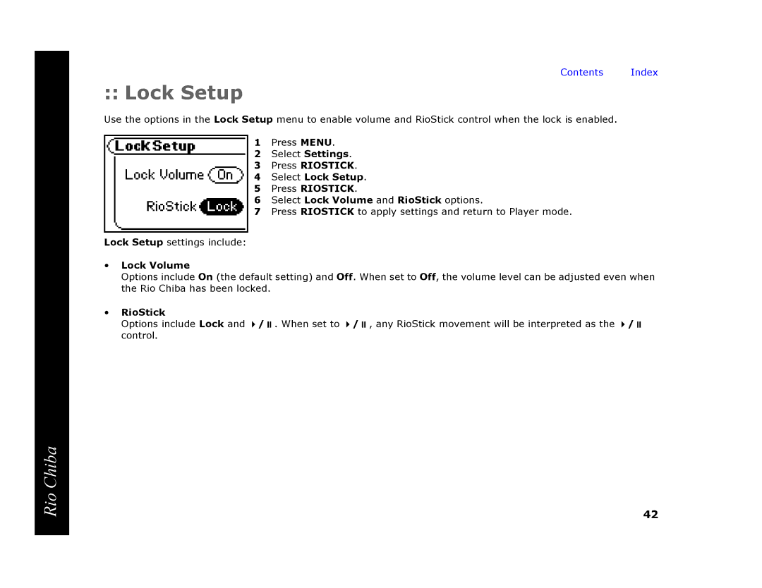 Digital Networks North America Rio Chiba manual Lock Setup, Lock Volume, RioStick 