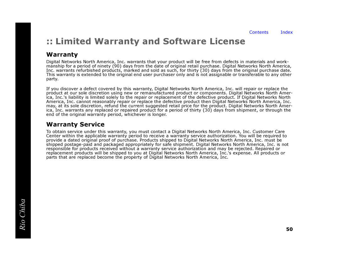 Digital Networks North America Rio Chiba manual Limited Warranty and Software License, Warranty Service 