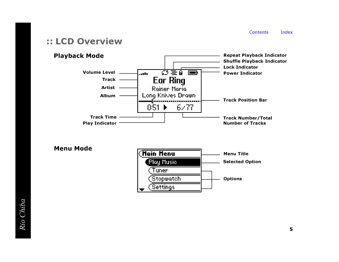 Digital Networks North America Rio Chiba manual LCD Overview, Playback Mode, Menu Mode 