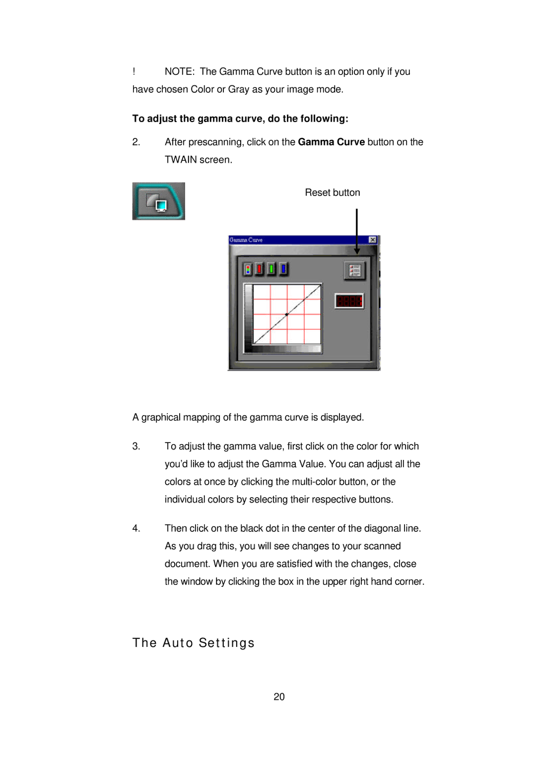 Digital Research Technologies DRSCAN36EPPR user manual Auto Settings, To adjust the gamma curve, do the following 