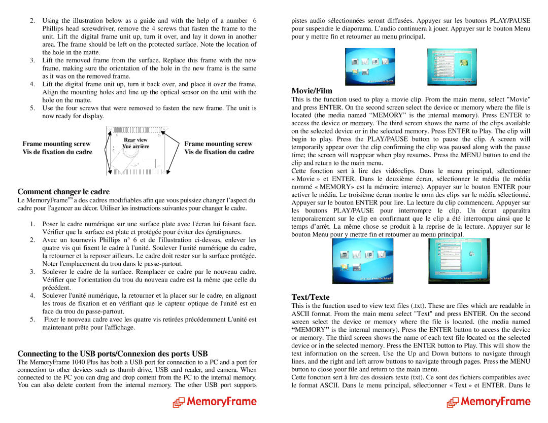 Digital Spectrum 1040 Plus manual Comment changer le cadre, Connecting to the USB ports/Connexion des ports USB, Movie/Film 