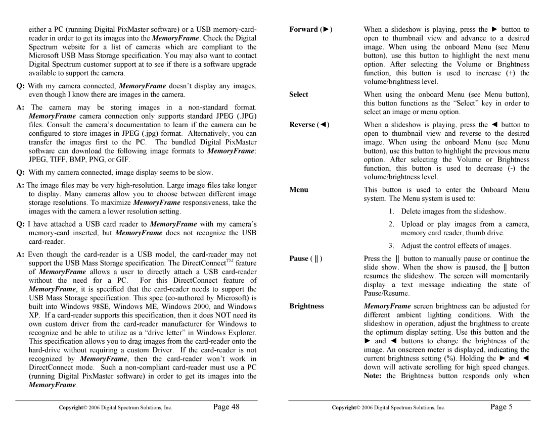 Digital Spectrum 1862-MF-61-7 manual Forward, Select, Reverse, Menu, Pause, Brightness 