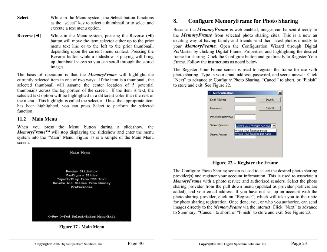 Digital Spectrum 1862-MF-61-7 manual Configure MemoryFrame for Photo Sharing, Main Menu 