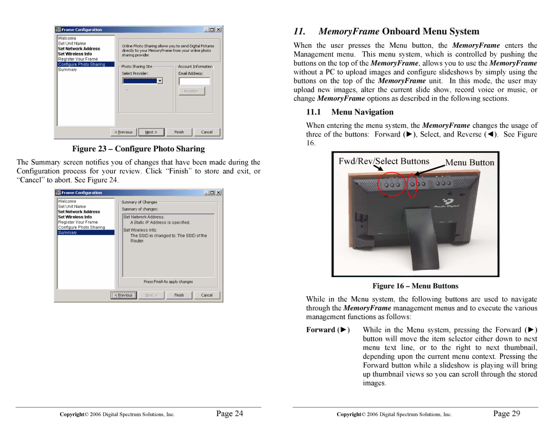 Digital Spectrum 1862-MF-61-7 manual MemoryFrame Onboard Menu System, Menu Navigation 