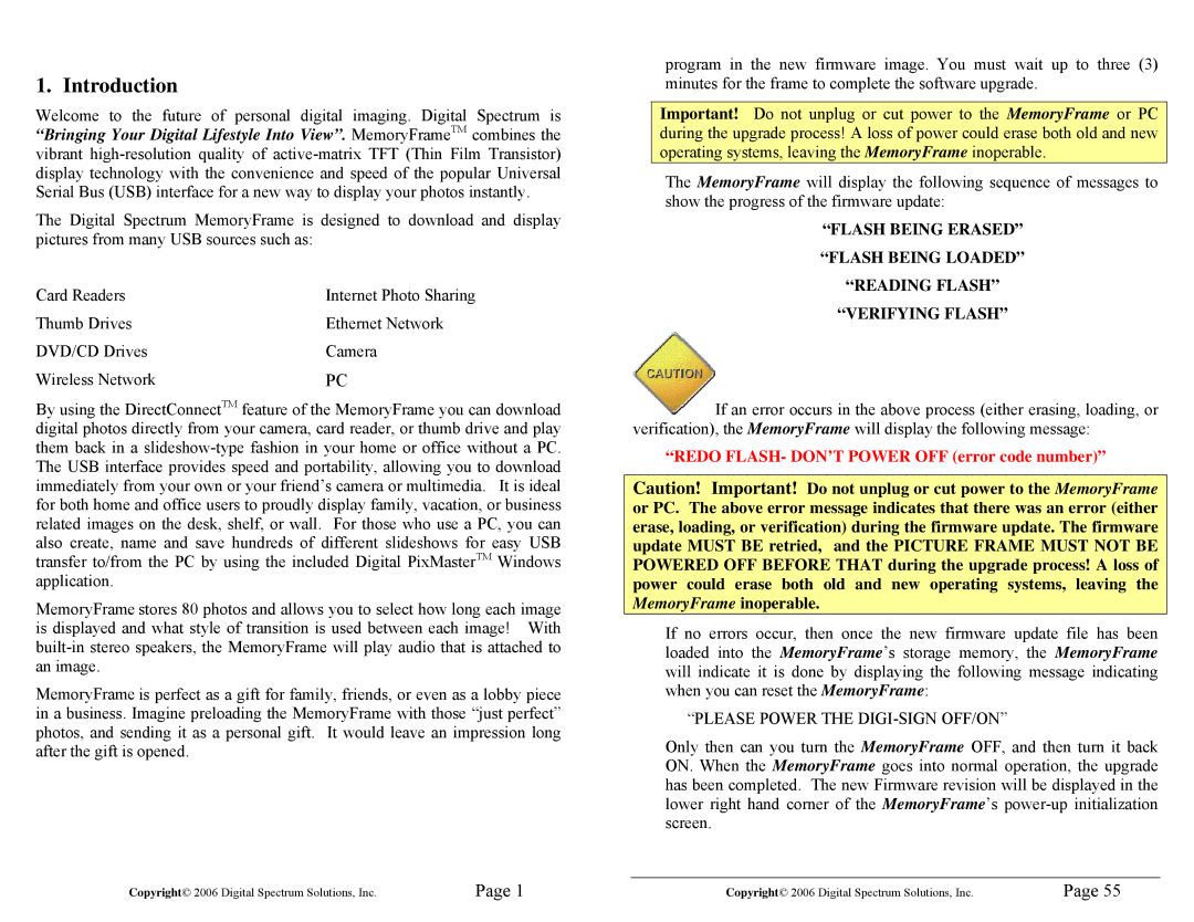 Digital Spectrum 1862-MF-61-7 manual Introduction, Redo FLASH- DON’T Power OFF error code number 