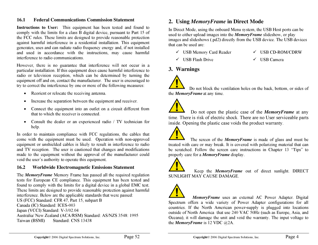 Digital Spectrum 1862-MF-61-7 manual Using MemoryFrame in Direct Mode, Federal Communications Commission Statement 