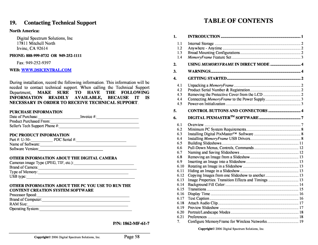 Digital Spectrum 1862-MF-61-7 manual Contacting Technical Support, Page, Table Of Contents, North America 