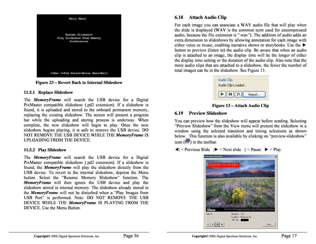 Digital Spectrum 1862-MF-61-7 manual Attach Audio Clip, Preview Slideshow, Page, Revert Back to Internal Slideshow 