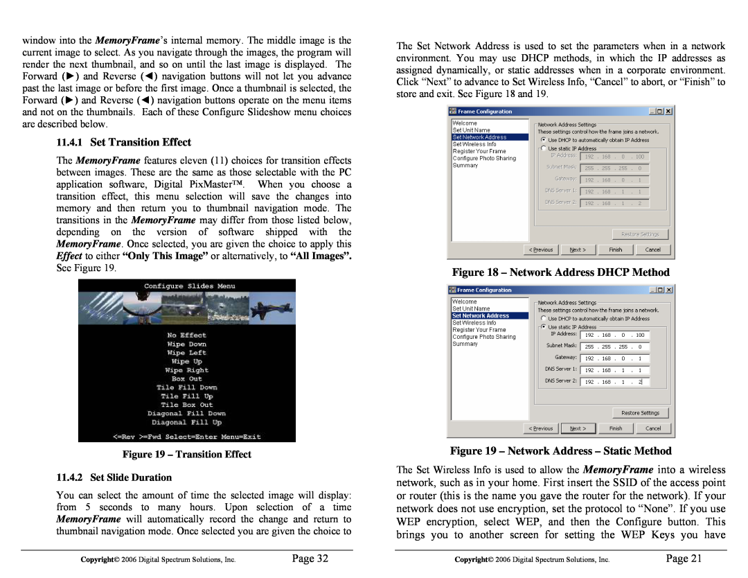 Digital Spectrum 1862-MF-61-7 Set Transition Effect, Network Address DHCP Method, Network Address - Static Method, Page 