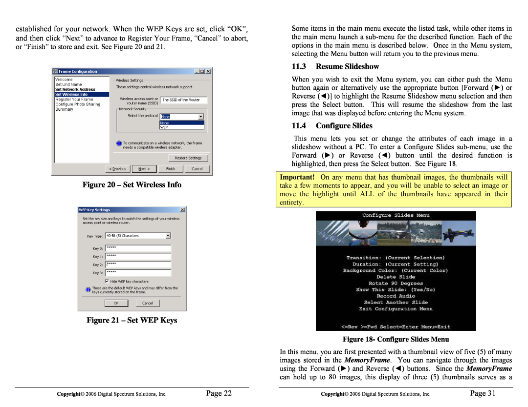 Digital Spectrum 1862-MF-61-7 manual Set Wireless Info - Set WEP Keys, Resume Slideshow, Configure Slides, Page 
