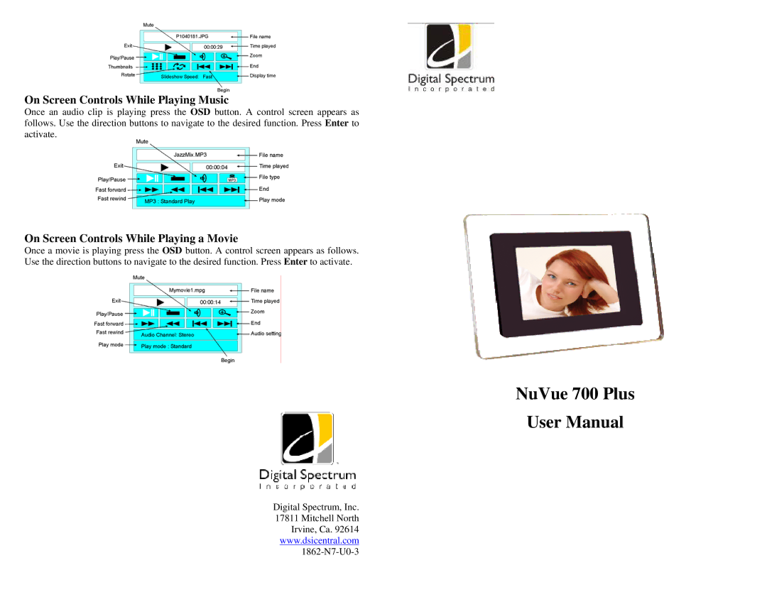Digital Spectrum 1862-N7-U0-3 manual On Screen Controls While Playing Music, On Screen Controls While Playing a Movie 