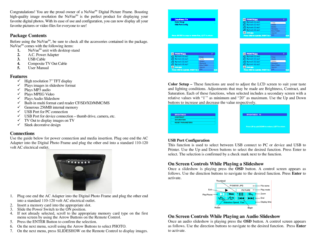 Digital Spectrum 1862-N7-U0-3 manual Package Contents, Features, Connections, On Screen Controls While Playing a Slideshow 