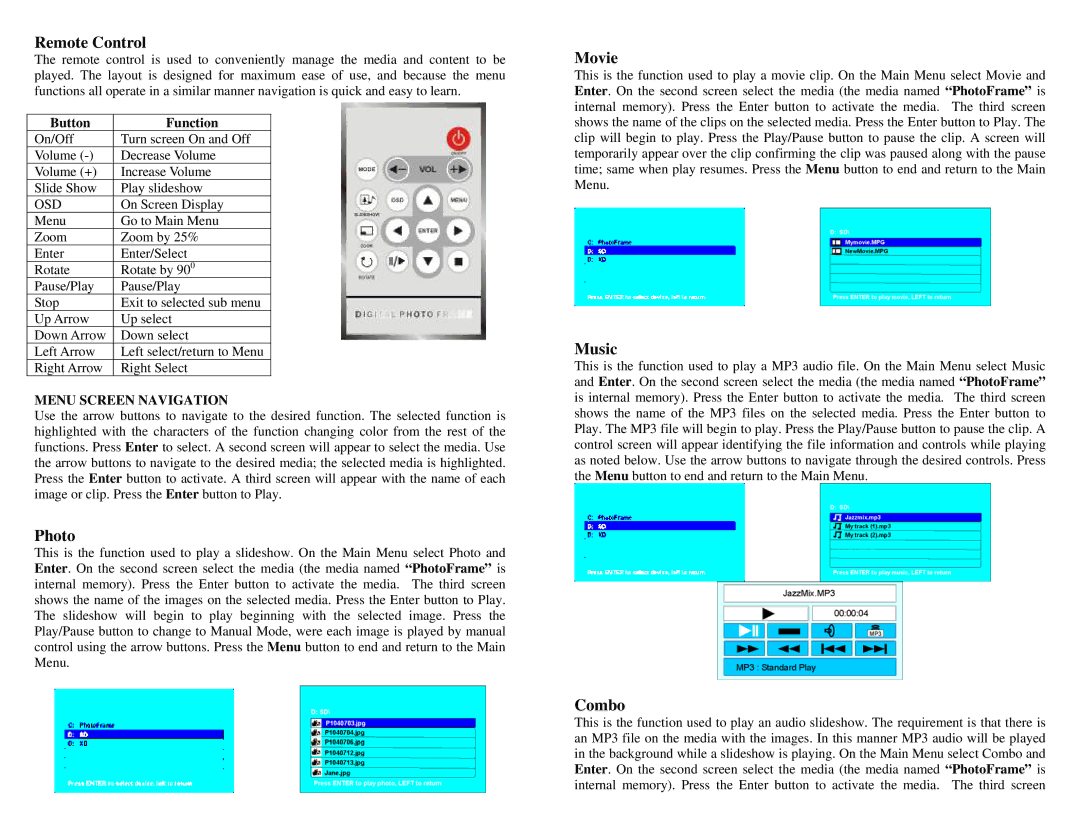Digital Spectrum 1862-N7-U0-3 manual Remote Control, Photo, Movie, Music, Combo 