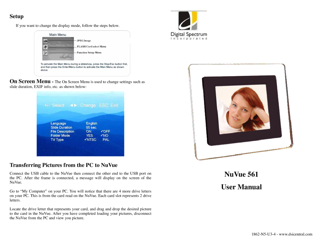 Digital Spectrum 561 manual Setup, Transferring Pictures from the PC to NuVue 