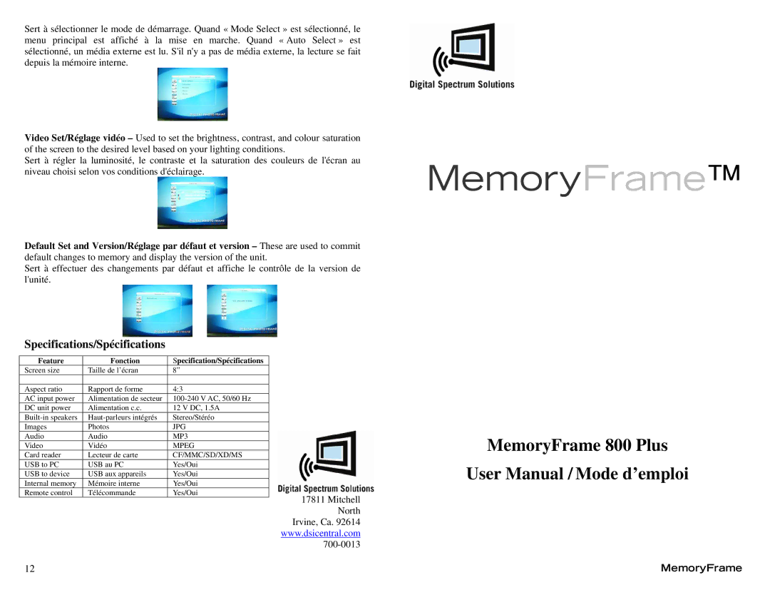 Digital Spectrum 800 PLUS manual MemoryFrame, Specifications/Spécifications 