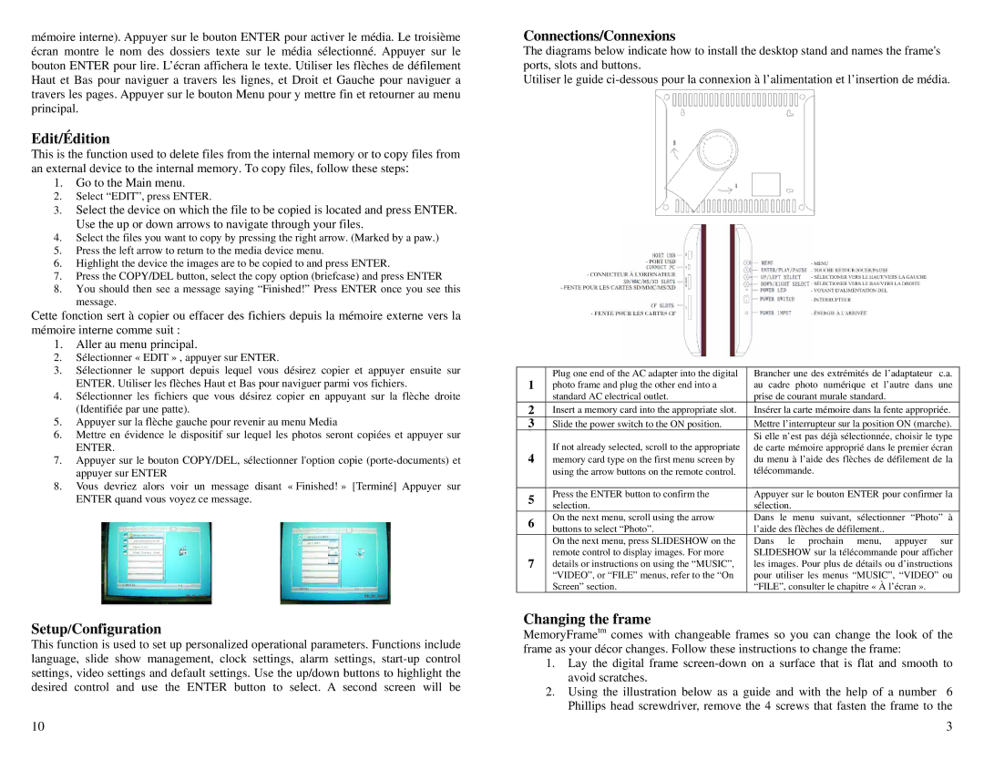 Digital Spectrum 800 PLUS manual Edit/Édition, Connections/Connexions, Setup/Configuration, Changing the frame 