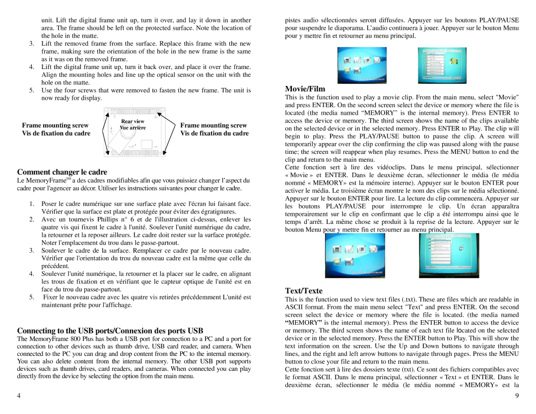 Digital Spectrum 800 PLUS manual Comment changer le cadre, Connecting to the USB ports/Connexion des ports USB, Movie/Film 