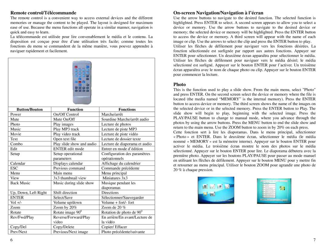 Digital Spectrum 800 PLUS manual Remote control/Télécommande, On-screen Navigation/Navigation à l’écran, Photo, Esc, Enter 