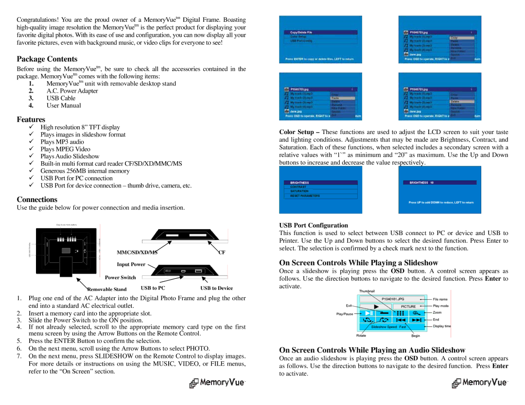 Digital Spectrum 800 PLUS manual Package Contents, Features, Connections, On Screen Controls While Playing a Slideshow 